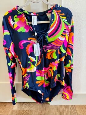 Trina Turk-Bright Swirl Lace-Up Long Sleeve One-Piece Swim